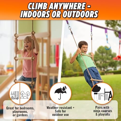 Wooden Rope Ladder for Kids - 6ft Tree Climbing Ladder with Carabiners