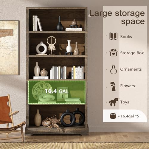 TVU 5 Tiers Wooden Bookshelf, 65.2" Tall Farmhouse Style Open Bookcase, 31.5" Wide Standing Book Shelf with Storage for Study Room, Living Room