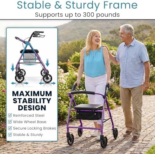 Vive Mobility Steel Rollator Walker with Seat - Foldable, Narrow