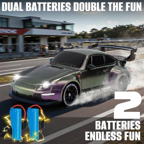 RC Drift Car,1:24 Scale Remote Control Car, 2.4GHz 20KM/H 4WD High Speed RC Cars for Kids with LED Light, Two Batteries,Drifting Tires,Racing Vehicle Toy for Adults Boys Girls Gray