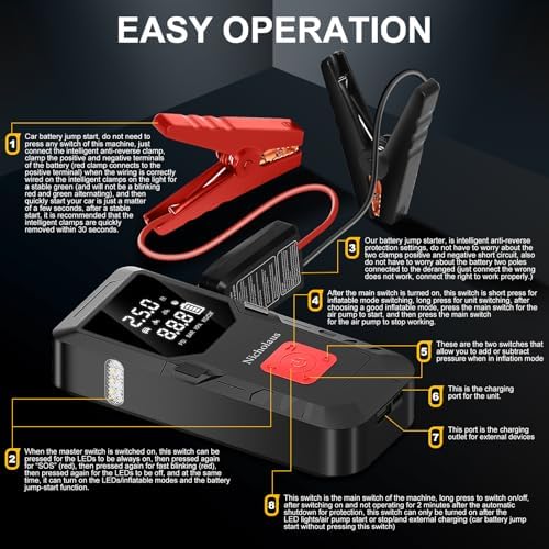 12 V Car 8000 mAh Battery Jump Starter 2800A with 150psI Air Compressor, Compact and Practical Edition QB08L Safe Smart