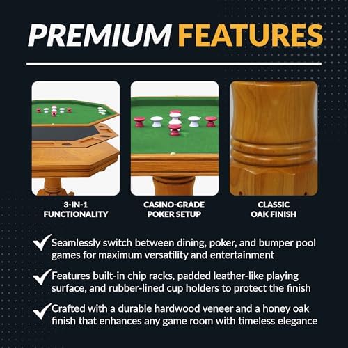 Hathaway Kingston 3 in 1 Octagon Poker Table, Dining & Bumper Pool Table for Game Rooms - Durable Hardwood, Sturdy Legs