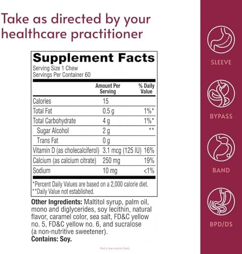 Bariatric Advantage Calcium Citrate Chewy Bites 250 mg with Vitamin D3 - Chewable Supplement for Bariatric Surgery Patients - Sugar-Free Calcium
