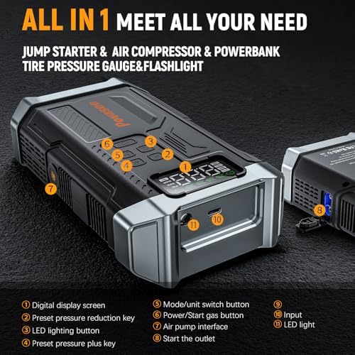 [2026NEW Model] 5000A Jump Starter with Air Compressor,Car Jumper Starter Portable with 150PSI Tire Inflator 12V Jump Box with LCD Display,Flashlight,Storage Case (Up 9L Gas/8L Diesel Engine
