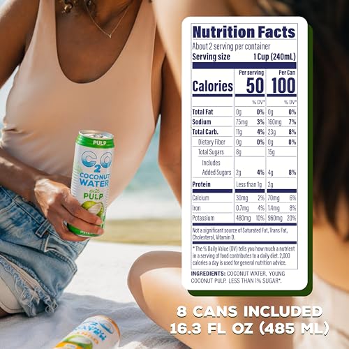 C2O Pure Coconut Water with Pulp, 16.3 Fluid Ounce, Pack of 8