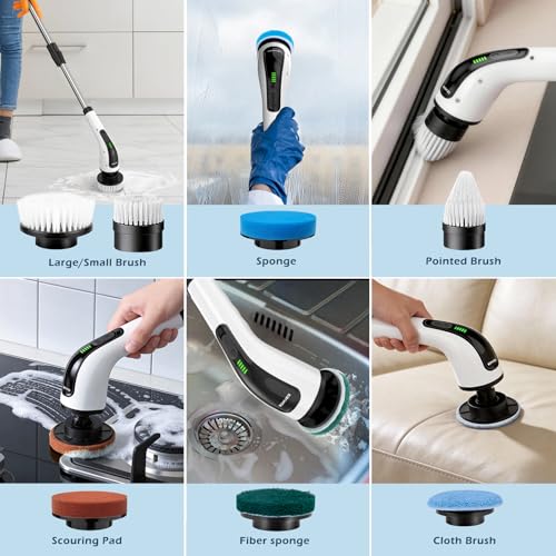 Electric Spin Scrubber, Power Shower Cleaning Brush with Long Handle | Cordless Cleaning Scrubber, 7 Replaceable Brush Heads, 90Mins Work Time