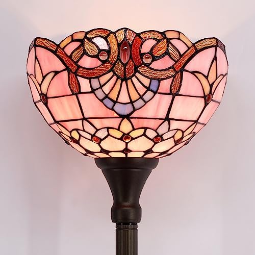 WERFACTORY Tiffany Floor Lamp Pink Baroque Stained Glass Torchiere Light | 12X12X71 Inches Pole Standing Corner Torch Uplight Decor Bedroom Living