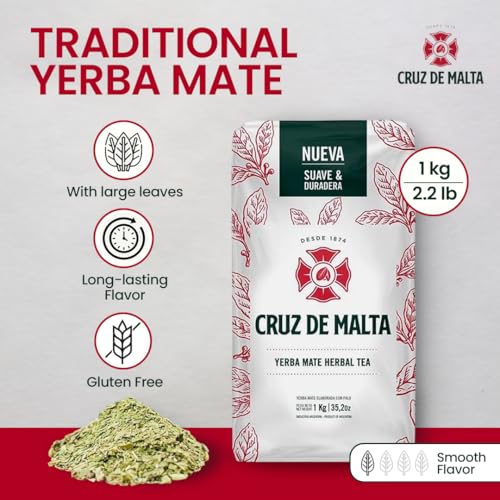 Yerba Mate Cruz de Malta, Suave y Duradera 2.2 Lbs each bag, 3-pack | Large leaf, low dust for a smoother traditional mate. U.S. retail packaging