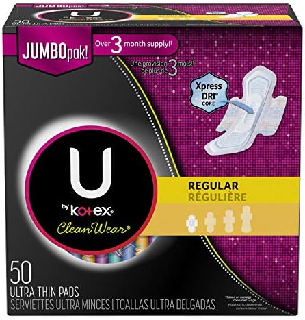 U by Kotex CleanWear Ultra Thin Feminine Pads with Wings, Regular, Fragrance-Free, 50 Count