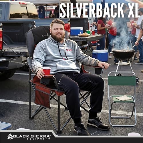 Black Sierra Oversize XL Camping Chair Supports 500 lbs, Padded Folding Outdoor Chair w/ 2 Cupholders and Carrybag