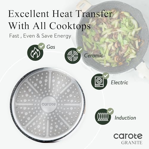 CAROTE 12 Inch Nonstick Deep Frying Pan with Lid, 5.5 Qt Black Granite | Kitchen Non-Toxic PFOA Free Cookware, Covered Sauté Pans All Stovetops Compatible, Easy to Clean