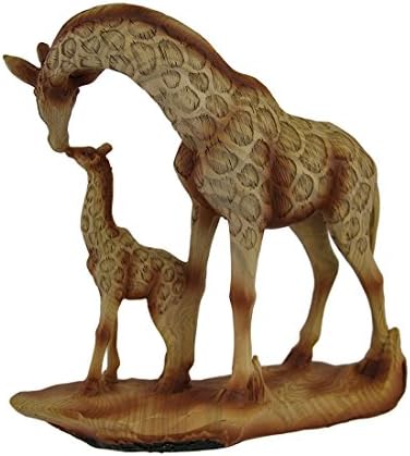 Zeckos Giraffe and Calf Statue, 7 Inch Faux Wood Mother and Baby Decor | Hand-Painted Beige Finish, Carved Woodgrain Texture, Resin Construction
