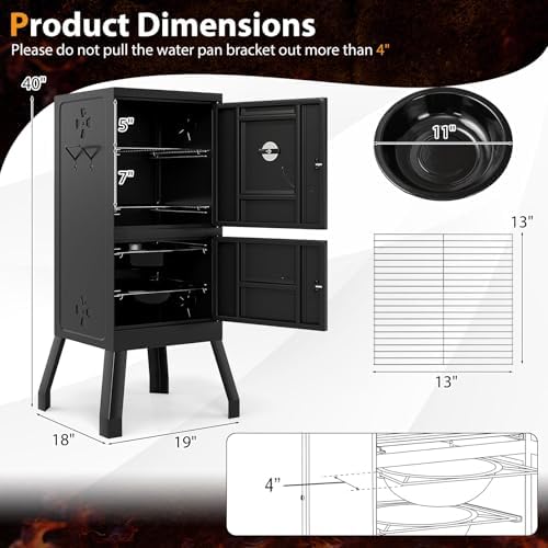 Charcoal Smoker Outdoor, Vertical BBQ Smoker with Thermostat, 2 Access Doors, 2 Cooking Grates, 2 Removable Pans & 4 Air Vents