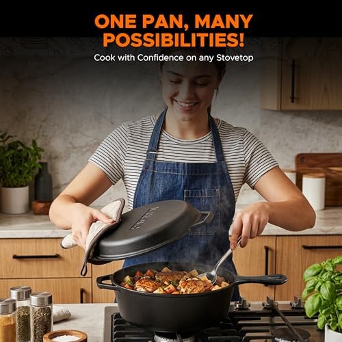 KICHLY Combo Cooker Cast Iron Dutch Oven with Lid 2 in1, PFAS Free Pre-seasoned Multi Cookware Skillet