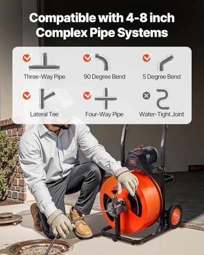 VEVOR 100FT x 3/4 Inch Drain Cleaner Machine Sewer Auger Auto Feed with 4 Cutter & Air-Activated Foot Switch for 4" to 8" Pipes, Orange, Black