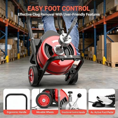 100Ft 3/4 Inch Drain Cleaning Machine. Sewer Snake 750w Auto Feed | Portable Drain Cleaning Machine Electric Drain Auger Sewer Auger with 6 Cutter Air-Activated Foot Switch for 4" to 8" Pipes