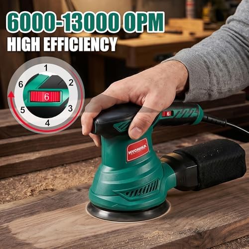 HYCHIKA 5-Inch Random Orbital Sander, 13000RPM Electric Palm Sander with 6 Variable Speeds, Powerful Motor