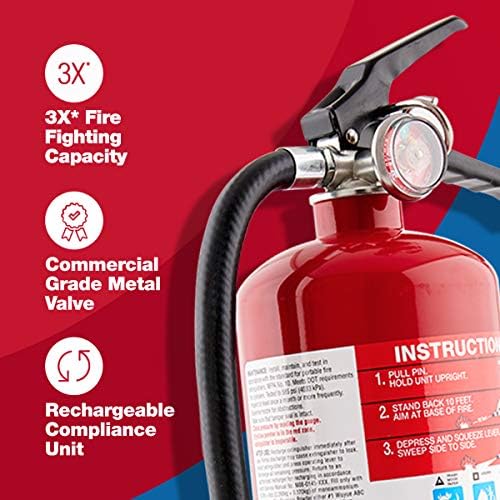 First Alert PRO5 Rechargeable Heavy Duty Plus Fire Extinguisher UL Rated 3-A:40-B:C, Red, 10 lbs | PRO5 Rechargable UL RATED 3-A:40-B:C, Red, 1-Pack