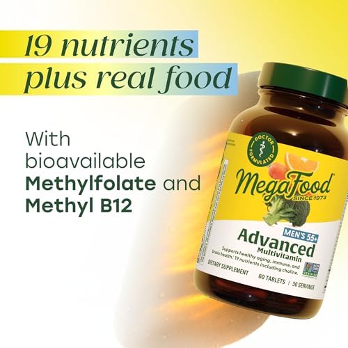 MegaFood Advanced Multivitamin for Men 55+ Doctor Formulated, 120 Tablets | For Healthy Aging, Immune Support, Bone and Brain Health, Choline, Methylated B12, Methylfolate, Vegetarian, 60 Servings