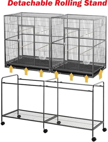 64" Extra Large Double Flight Bird Wrought Iron Double Cage Slide Out Center Divider Side Nesting Box Door Parrot Cage Cockatiel Conure with Removable Rolling Stand Storage Shelf