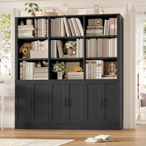 70” H x 63” W Triple Wide Bookshelf, Tall Bookcase with 6 Doors | 5 Tier Book Shelf with 15 Storage Shelves, Tall Book Case Large Bookshelves with Storage Cabinet for Home Office, White
