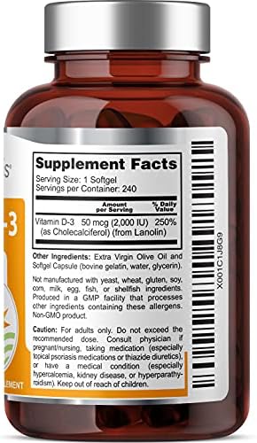 Vitamin D3 2000 IU – 240 Softgels in Extra Virgin Olive Oil – Non-GMO
