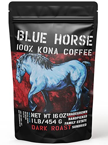 Blue Horse 100% Kona Coffee Whole Bean - 16 oz Medium Roast, Farm Fresh | Certified Organic, Arabica Whole Beans,, Grown In Hawaii USA, Shade Grown, Handpicked, Vacuum Sealed Bag, Caffeinated, Vegan