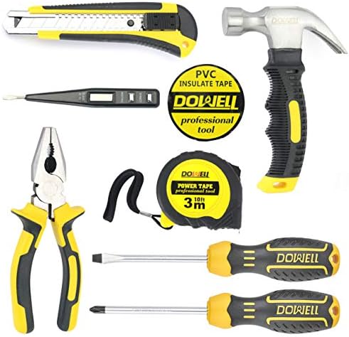 DOWELL Tool Kit, Hand Tool Set with Hammer, 9 Piece | mini tool kit, heat-treated chrome-plated steel, TPR ergonomic handles, blow-molded case, ultra-compact for storage