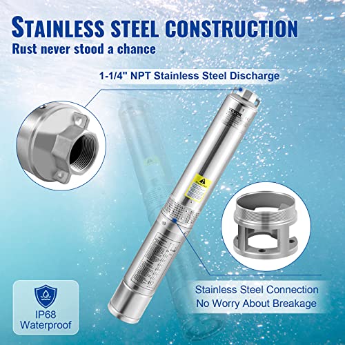 VEVOR Deep Well Submersible Pump, 1HP 115V/60Hz, 37gpm Flow 207ft Head, with 33ft Electric Cord, 4" Stainless Steel Water Pump for Industrial