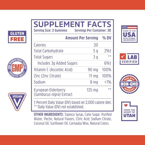 ZHOU Nutrition Elder-Mune Sambucus Elderberry Gummies with Zinc and Vitamin C for Kids & Adults (Age 4+) Immune Support with Antioxidants, Vegan, Gluten Free, Non-GMO, 30 Servings, 60 Gummies | Daily Immune Support Supplement for Women & Men, Chewable Na…