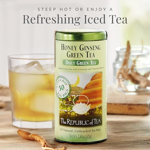 The Republic of Tea Daily Green Honey Ginseng Green Tea, 50 Count | Low Caffeine. A gentle cup for everyday sipping. Fresh with light vegetal notes. Gluten Free and Carb Free.