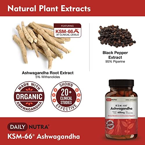 DailyNutra KSM-66 Ashwagandha 600mg Organic Root Extract - High Potency Supplement with 5% Withanolides | Relieves Tiredness, Supports Relaxation, Focus, Energy, & Muscle Growth (90 Capsules)