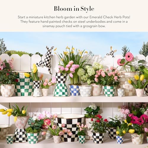 MACKENZIE-CHILDS Enamel Herb Pot Set, Small, Black-and-White Courtly Check | Hand-painted design, small plant pots for herbs or flowers, 8-ounce capacity per pot, set of 3