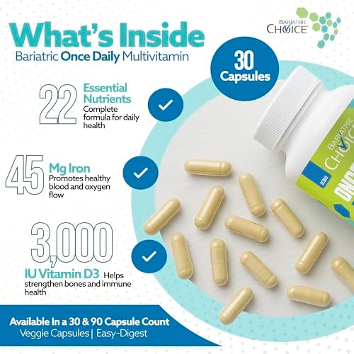 Bariatric Choice Once Daily Bariatric Multivitamin with Iron 45mg, 1 Month | 1-Mo Supply, Once Daily Easy-to-Swallow Capsule for Gastric Bypass & Sleeve Patients – High Potency Vitamins A, D, B12, More