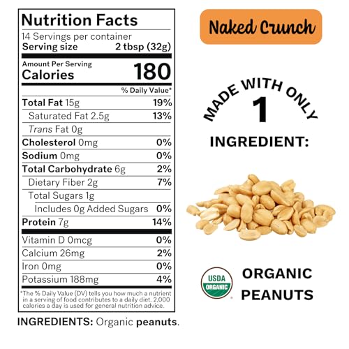 Spread The Love NAKED CRUNCH Organic Peanut Butter, 16 oz Jar, 1 Pack | USDA Organic, All Natural, Vegan, Gluten Free, Dry Roasted