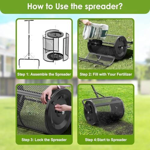 Seeutek Compost Spreader, 24" Peat Moss Spreader with 3 Heights | Push or Tow Top Soil Spreader W/Upgraded Side Latches Support Rod Powder Coated Metal Mesh Top Dressing Spreader for Lawn