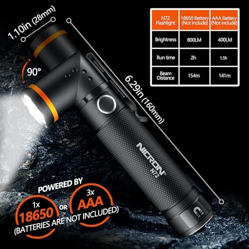 NICRON Flashlight, N72 800 Lumens Tactical Flashlight, 90 Degree Flashlight IPX4 Waterproof Led Flashlight 4 Modes- Best High Lumens are for Camping