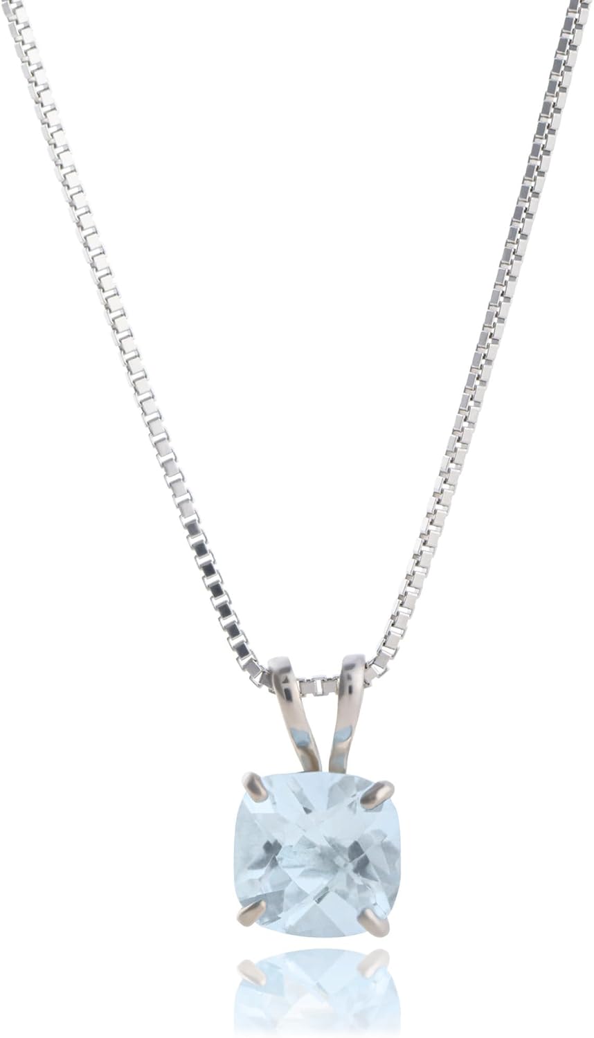 MAX + STONE 925 Sterling Silver Cushion Cut Birthstone Necklace for Women | 6mm Hypoallergenic Solitaire Necklace | Gemstone Pendant Necklaces with 18 inch Box Chain