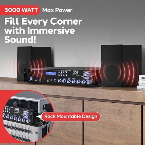 Pyle Bluetooth Home Audio Power Amplifier -4 Ch. 3000W, Stereo Receiver w/Speaker Selector, FM Radio, USB, Headphone, 2 Wireless Mics for Karaoke