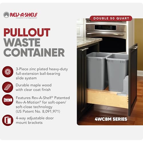 Rev-A-Shelf Pullout Under Counter Trash Can, 50 Qt 12.5 Gal Garbage Container with Soft-Close and Soft-Open Slides, Silver, 4WCBM-1550DM-1