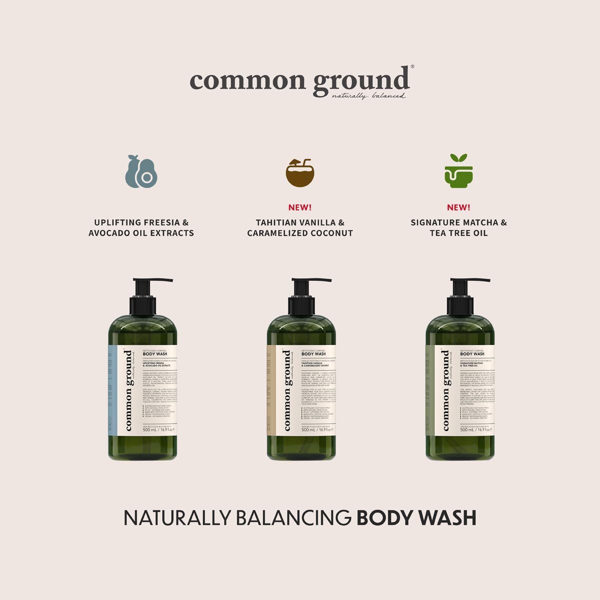 COMMON GROUND Natural Body Wash - Paraben & Cruelty Free, Vegan, Plant-Based, Botanical Freesia Scent & Avocado Oil Extracts - All Skin Types