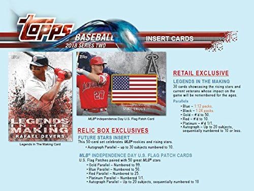 2018 Topps Baseball Series #2 Unopened Blaster Box with 10 Packs and One Exclusive Independence Day Commemorative Flag Patch Card and Possible
