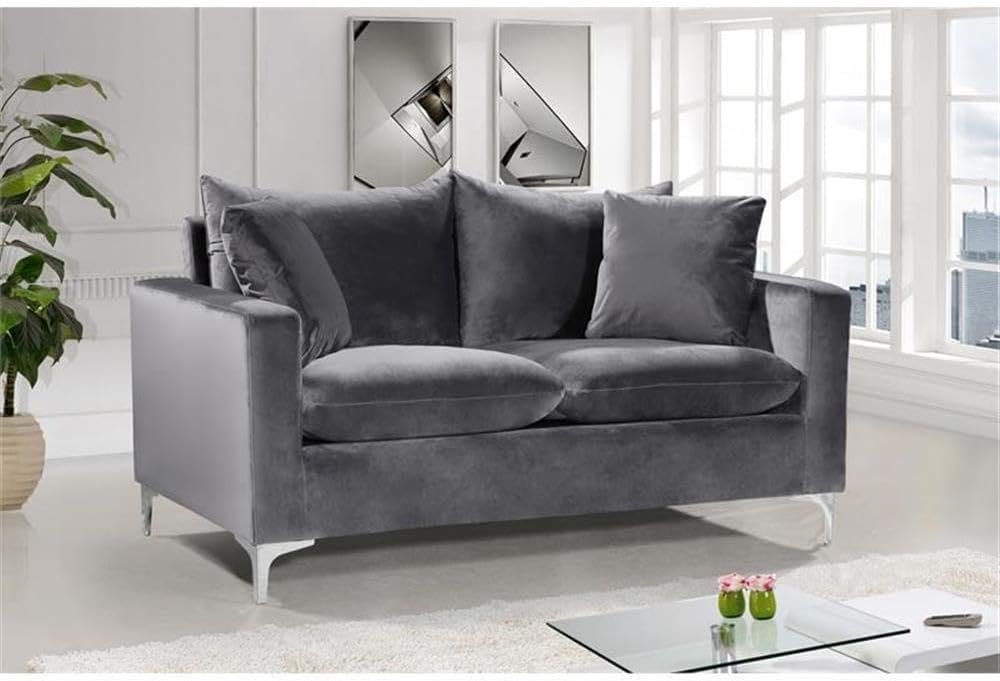 Meridian Furniture Naomi Collection Modern | Contemporary Grey Velvet Upholstered Loveseat with Stainless Steel Base in a Rich Gold or Chrome Finish, 633Grey-L