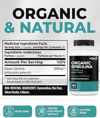 Renew Actives Organic Spirulina 1000MG per 2 Capsules – Superfood for Men & Women – Supports Energy