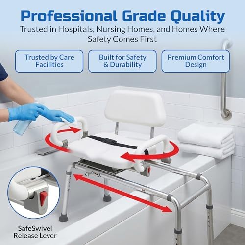 Carousel Sliding Shower Chair Tub Transfer Bench with Swivel Seat Elderly | Slide Safely In & Out of the Tub - Blue, padded seat, padded armrests, swivel seat, backrest, portable, tool-free assembly