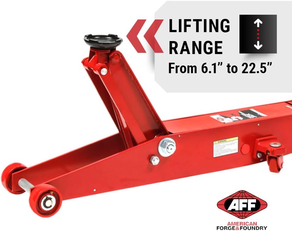 AFF 10 Ton Air Hydraulic Long Chassis Jack - for Long Overhang Vehicles | 10 T Floor Jack with Foot Pump & 3-Position Lock Handle - Ideal for Repair Shops, Bus & Truck Fleets, Heavy Duty Equipment