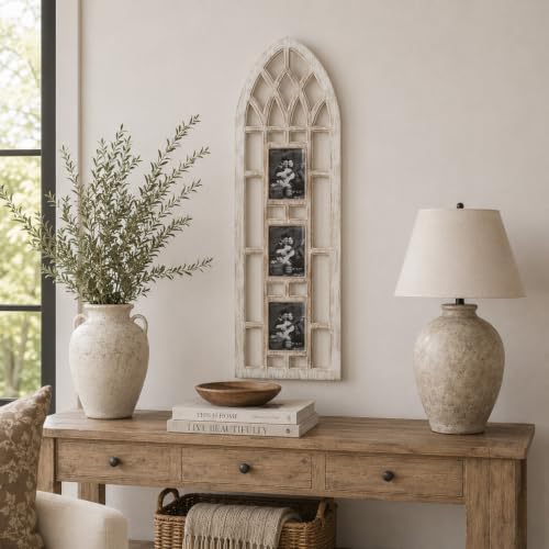 Deco 79 Wooden Wall Photo Frame Slim Arched Window Inspired 3 Slot , 14" x 1" x 47", Light Brown