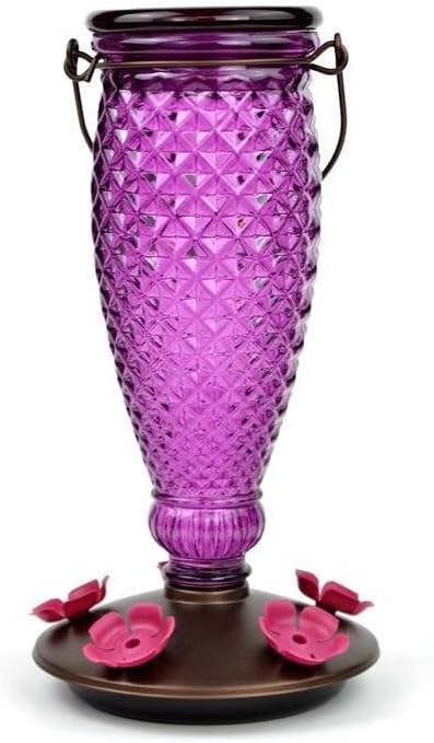 Perky-Pet Diamond Wine Top Fill Glass Hummingbird Feeder, 24 oz Capacity | Built-in Bee Guards for Outdoors, Purple Hanging Wild Bird Feeder