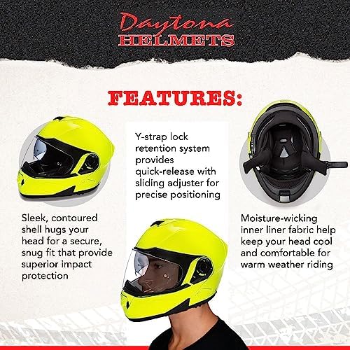 Daytona Helmets - Fluorescent Yellow | Lightweight Dirt Bike | Anti-Scratch Shield | DOT Approved & Anti Fog | Dual Density EPS Liner | Bluetooth