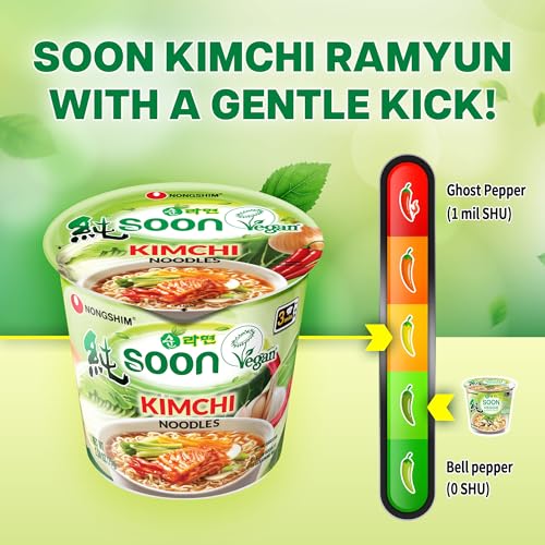 Nongshim Soon Veggie Ramyun Noodles, Signature Korean Instant Ramyun, Vegetable Flavored Broth, Vegan Noodles, Quick & Easy, Microwaveable Cup, 2.64 oz (Pack of 6)